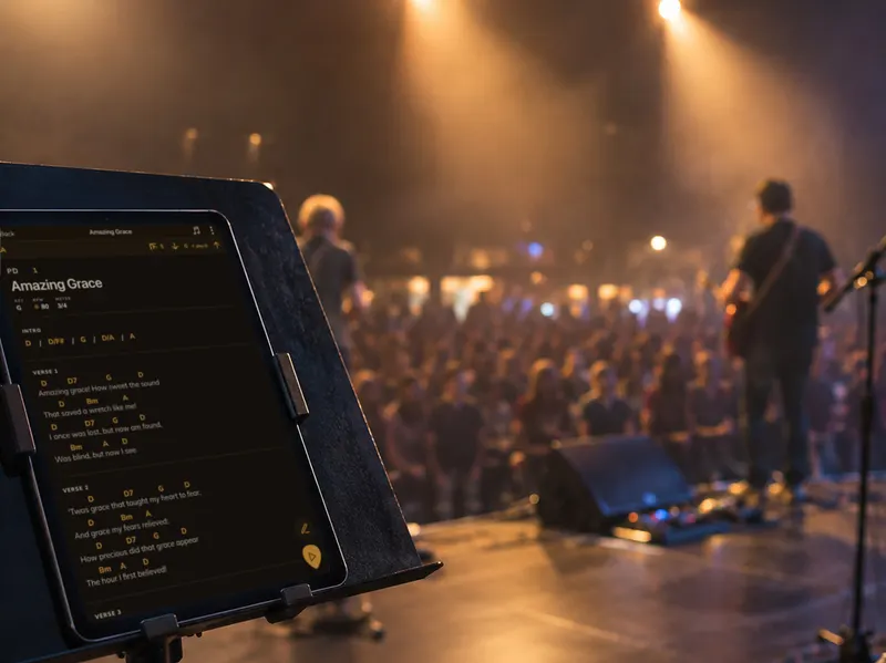 Hetzelfde lied op een tablet aan een microfoonstandaard op een podium, in Revigo’s podiumthema.