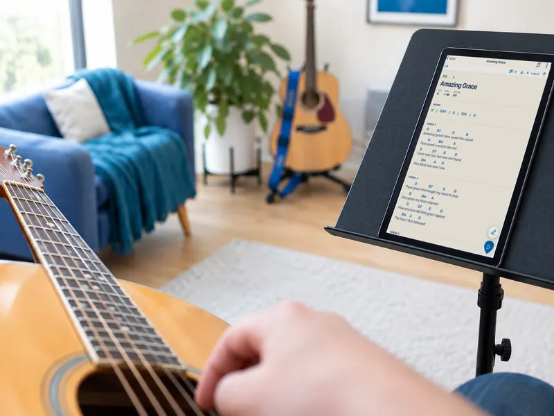 Een tablet op een muziekstandaard in een lichte oefenkamer. Revigo toont Amazing Grace met de akkoorden boven de tekst.